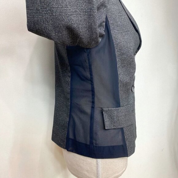 SANDRO FERRONE GREY PLAID BLACK SHEER MESH COMBO PEAK LAPEL BLAZER - S - Picture 6 of 10